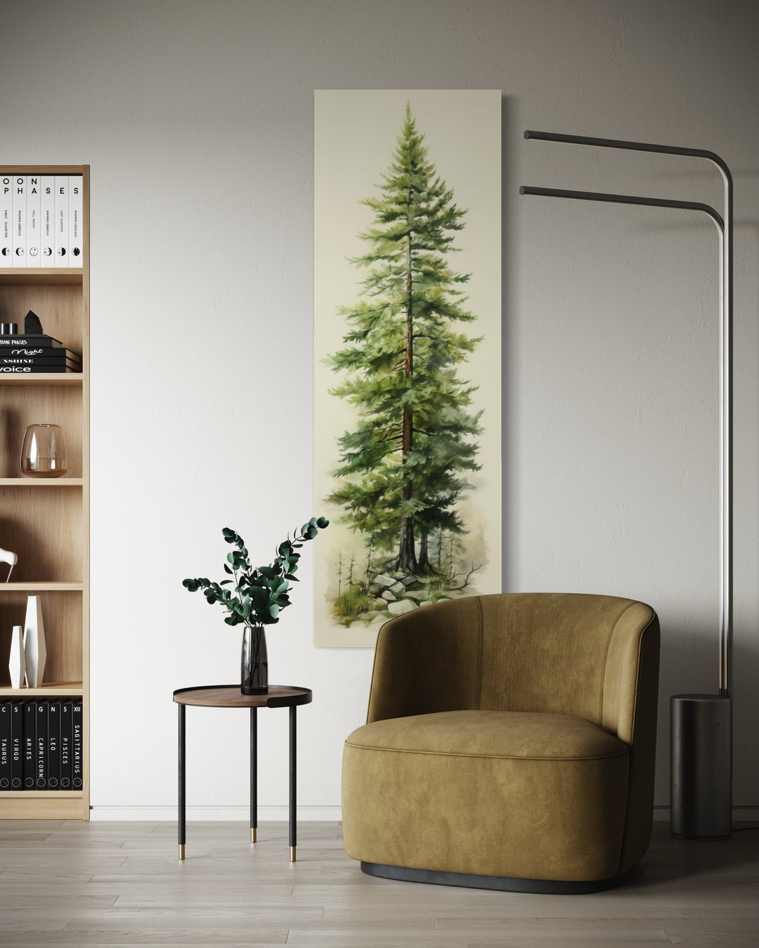 Tall narrow pine tree vertical framed canvas wall art in a modern living room setting.