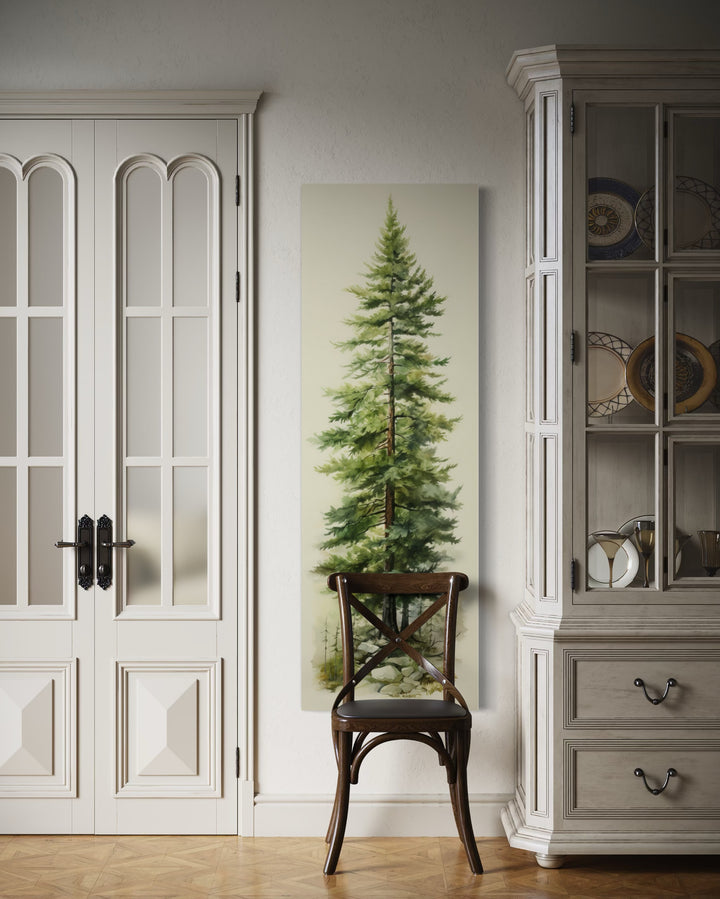 Tall narrow vertical canvas wall art featuring a realistic green pine tree on a neutral background.