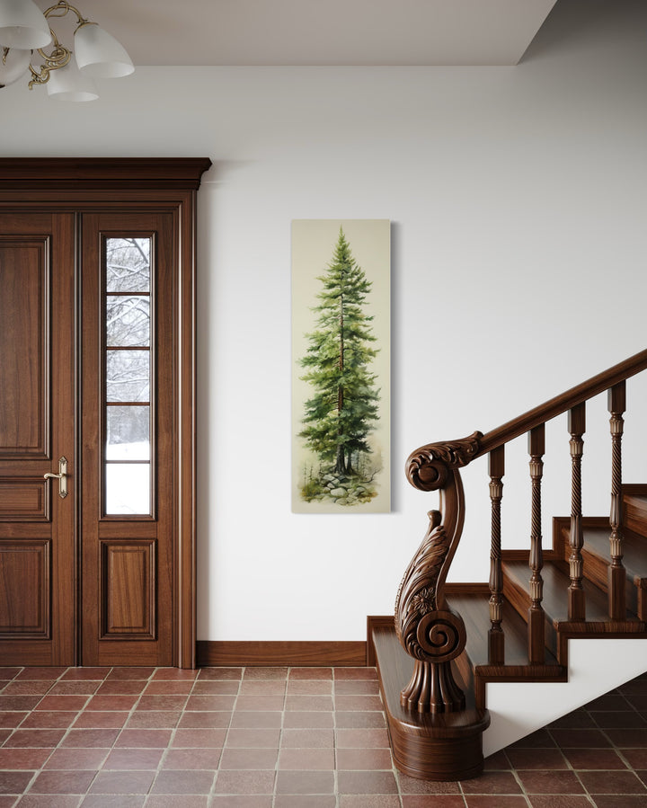 Tall narrow vertical canvas wall art featuring a detailed pine tree painting in a home entryway.