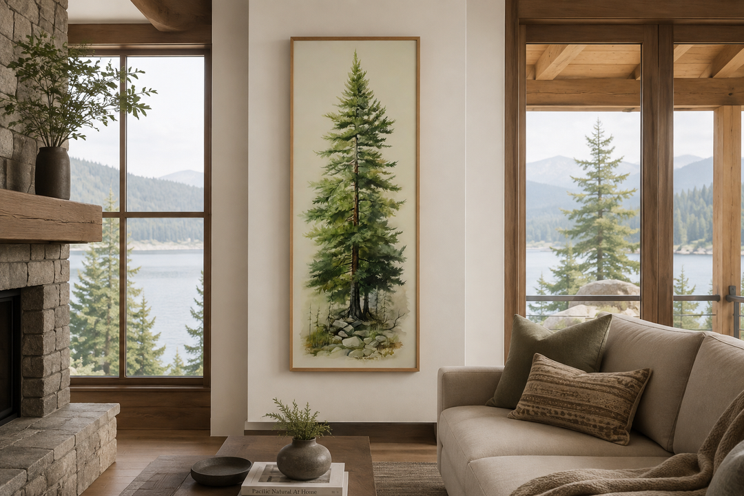 Tall narrow pine tree vertical framed canvas wall art in a rustic living room setting.