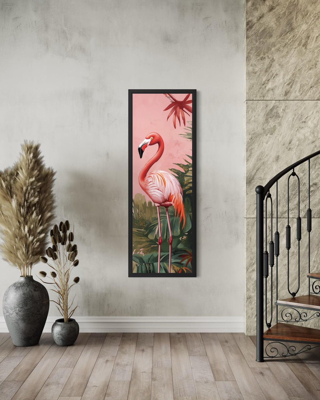 Tall Narrow Pink Flamingo Tropical Wall Art Vertical Canvas Print