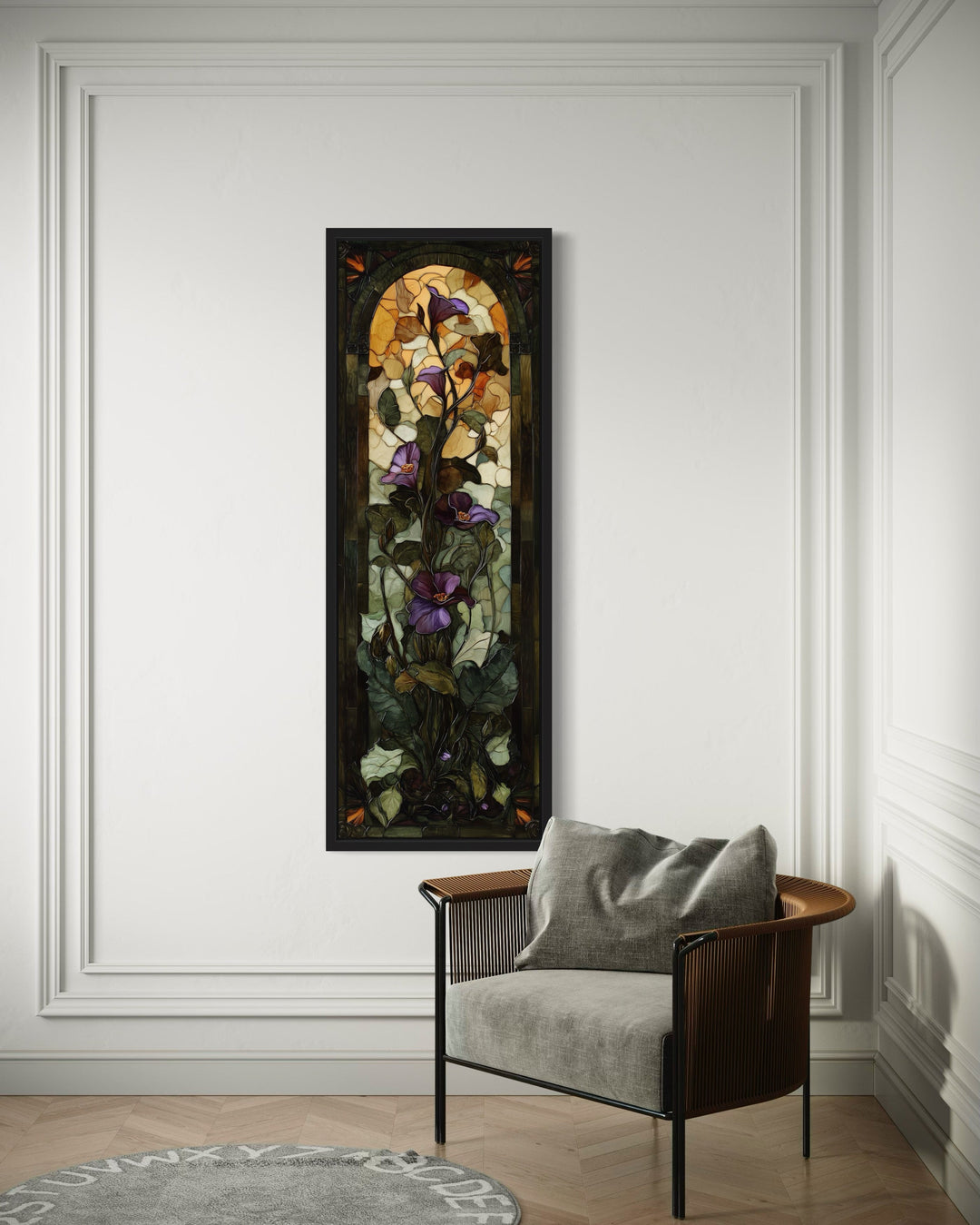 Tall Narrow Purple Flower Art Nouveau Vertical Framed Canvas Wall Art