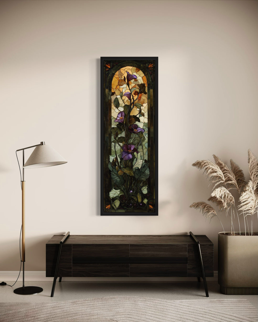 Tall Narrow Purple Flower Art Nouveau Vertical Framed Canvas Wall Art