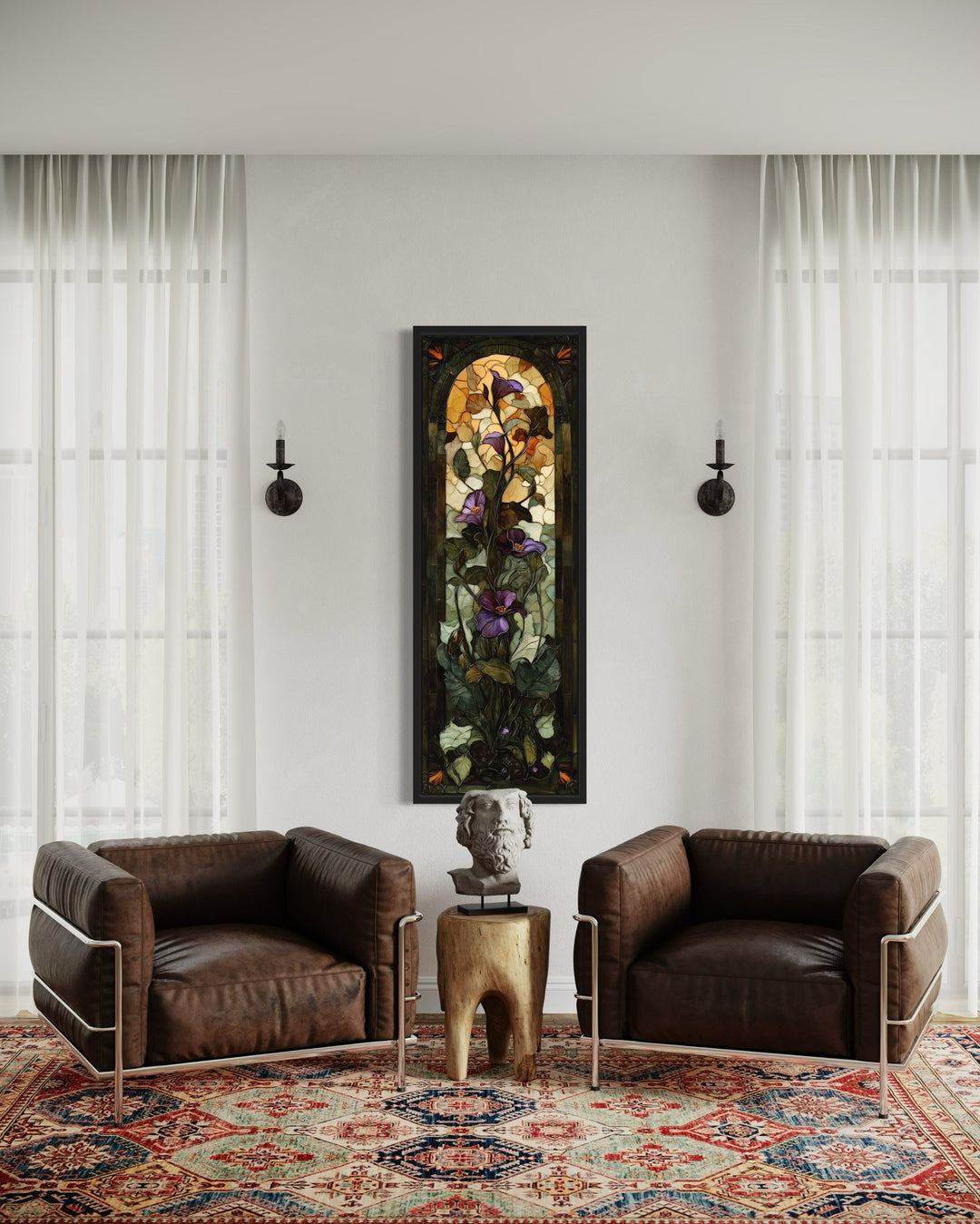 Tall Narrow Purple Flower Art Nouveau Vertical Framed Canvas Wall Art