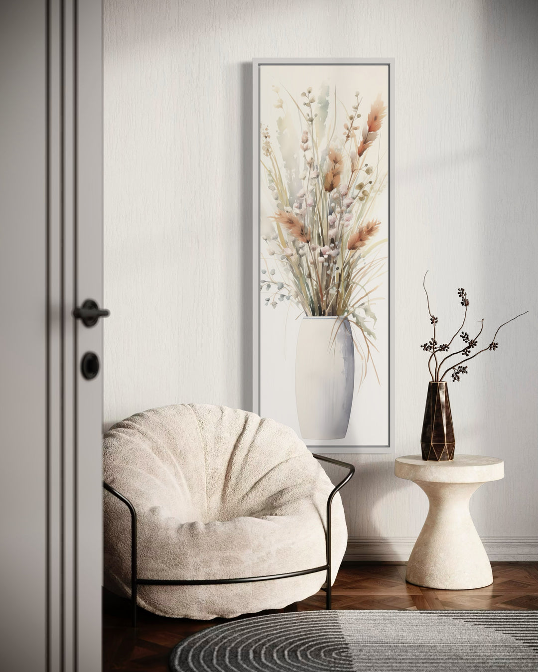 Tall Narrow Pussy Willows Neutral Vertical Wall Art