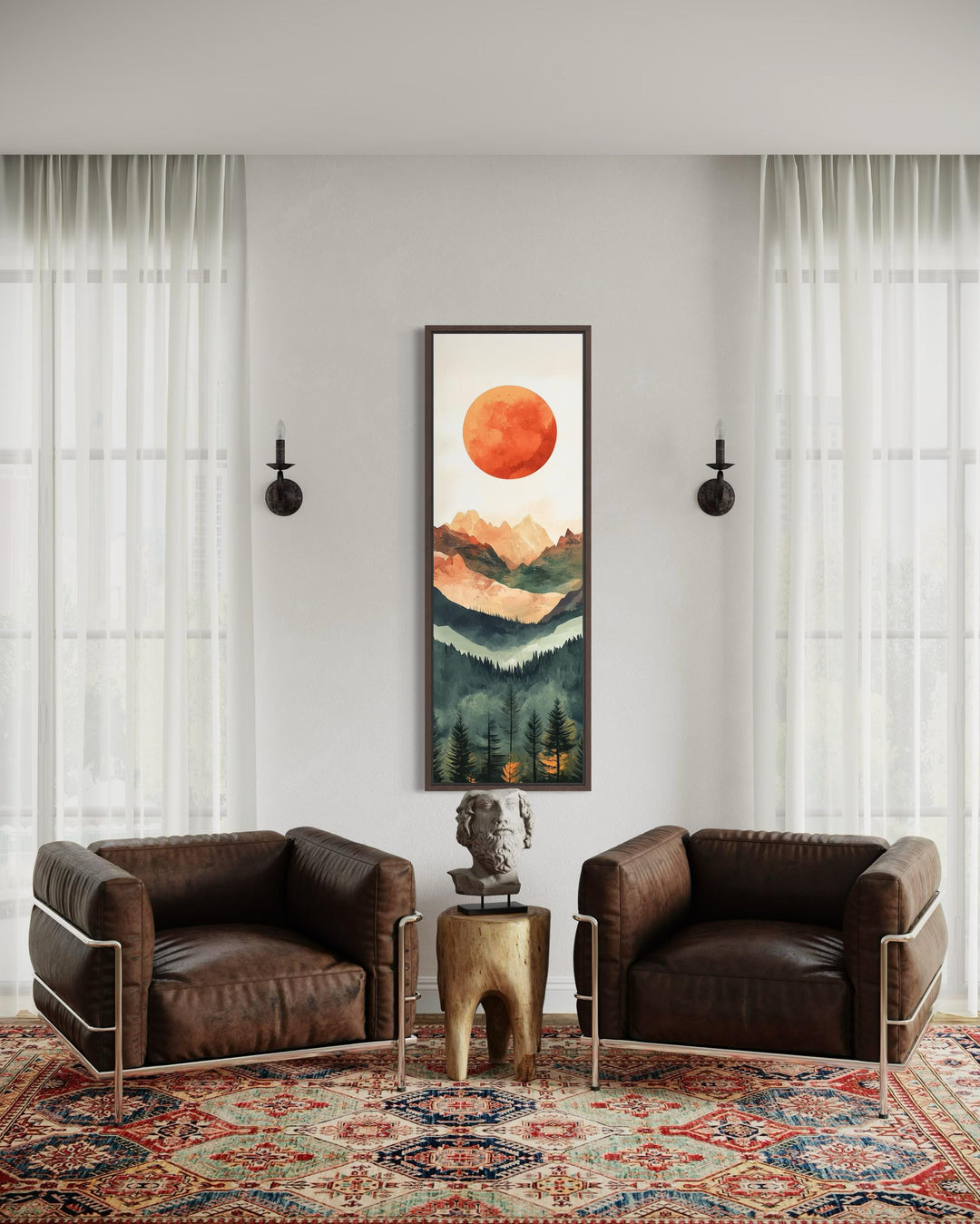 Tall Narrow Red Sun Over Mountain Vertical Canvas Wall Art