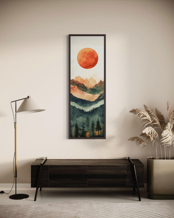 Tall Narrow Red Sun Over Mountain Vertical Canvas Wall Art