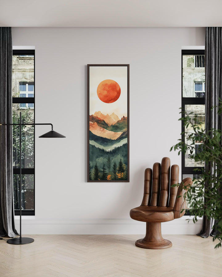 Tall Narrow Red Sun Over Mountain Vertical Canvas Wall Art