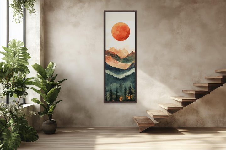 Tall Narrow Red Sun Over Mountain Vertical Canvas Wall Art