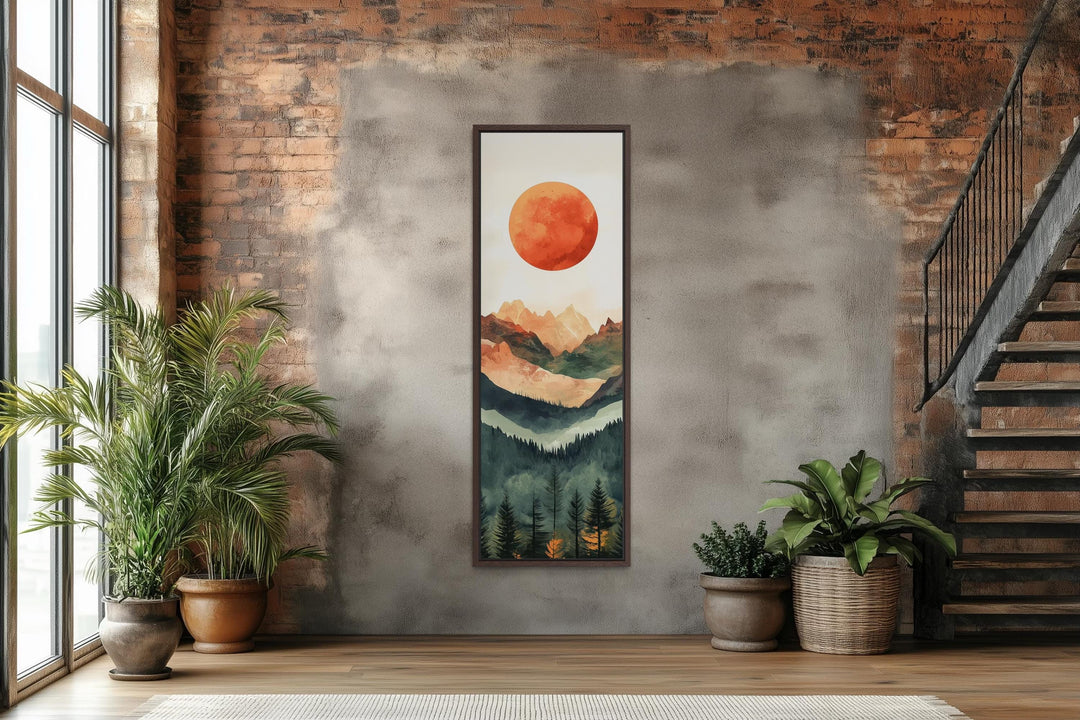 Tall Narrow Red Sun Over Mountain Vertical Canvas Wall Art
