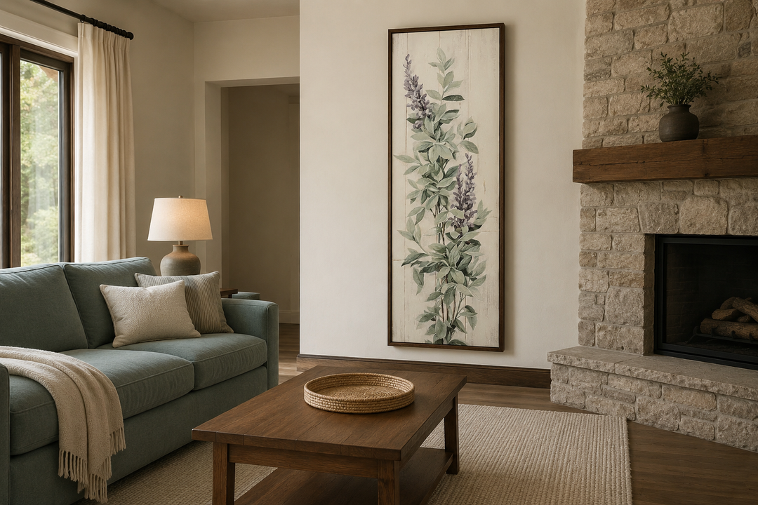 Vertical framed canvas wall art featuring sage green basil leaves and purple flowers on a wall.