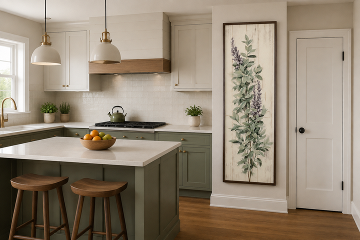Tall narrow framed canvas wall art featuring sage green basil leaves and purple flowers in a kitchen.