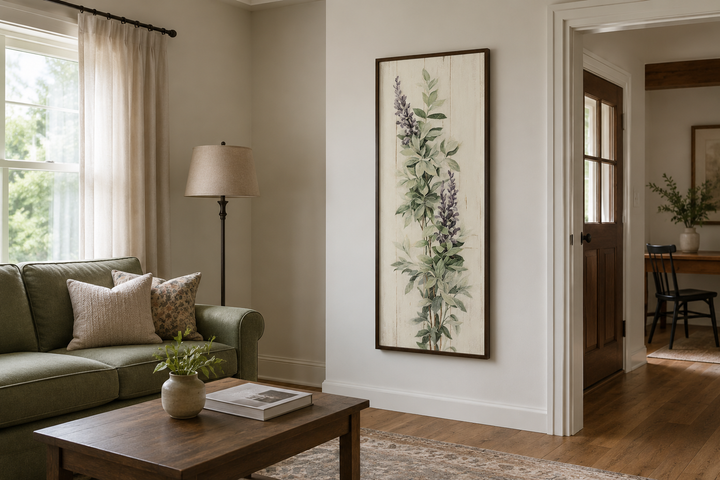 Tall narrow framed canvas wall art featuring sage green basil leaves and purple flowers.