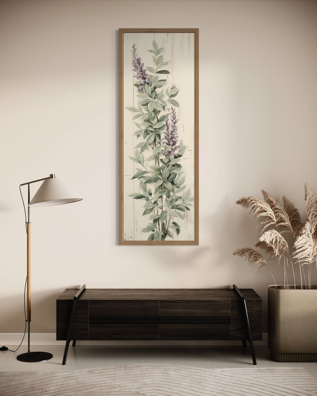 Tall narrow framed canvas wall art featuring sage green basil leaves and purple flowers.
