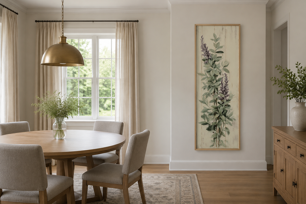 Tall narrow framed canvas wall art featuring sage green basil leaves and purple flowers.