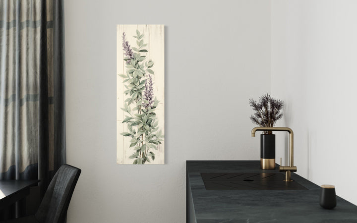 Tall Narrow Sage Green Basil Leaves Purple Flowers Vertical Framed Canvas Wall Art