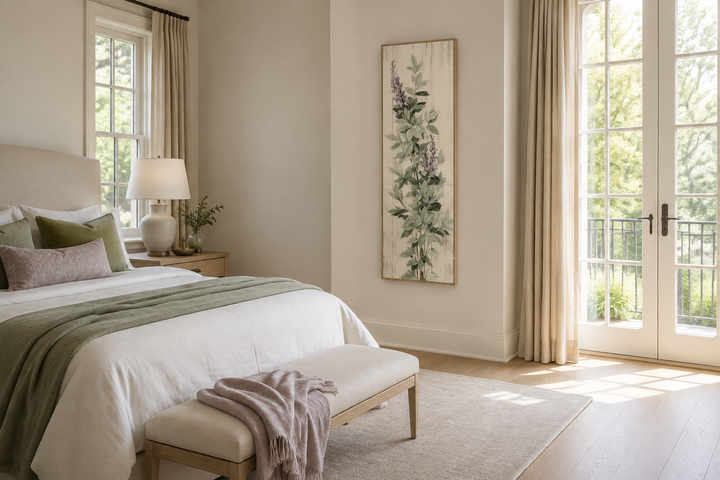 Tall narrow framed canvas wall art featuring sage green basil leaves and purple flowers.
