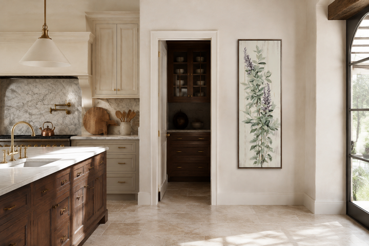 Tall narrow framed canvas wall art featuring sage green basil leaves and purple flowers.