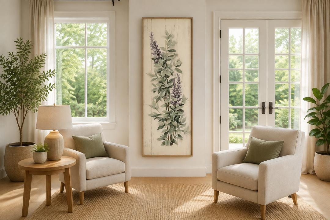 Tall narrow framed canvas wall art featuring sage green basil leaves and purple flowers.