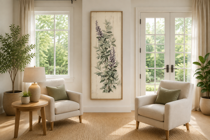 Tall narrow framed canvas wall art featuring sage green basil leaves and purple flowers.