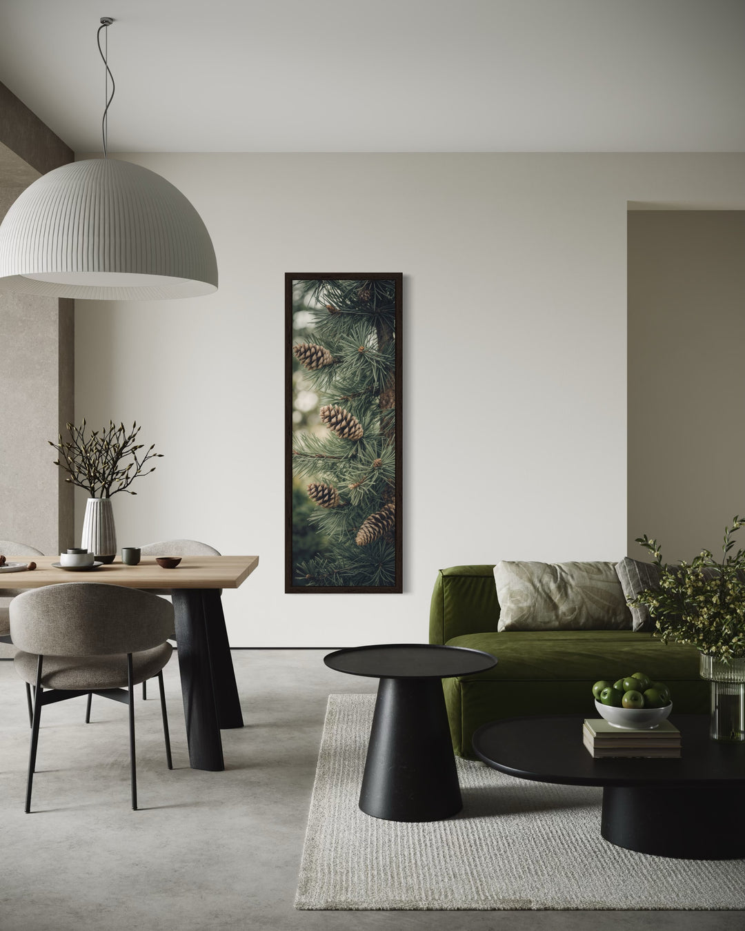 Tall Narrow Sage Green Pine Tree With Pine Cones Vertical Framed Canvas Wall Art