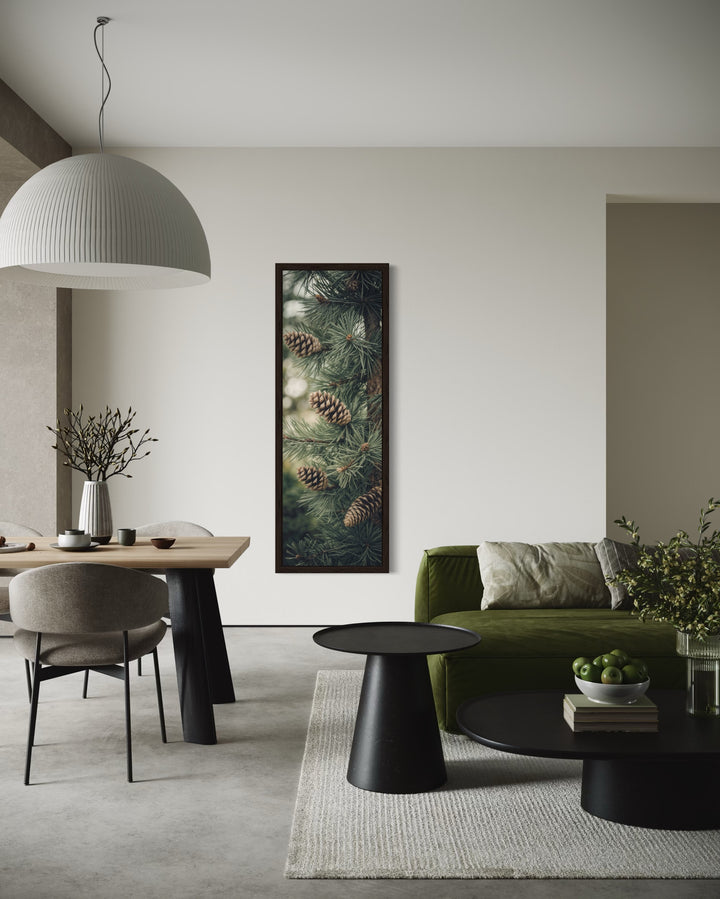 Tall Narrow Sage Green Pine Tree With Pine Cones Vertical Framed Canvas Wall Art