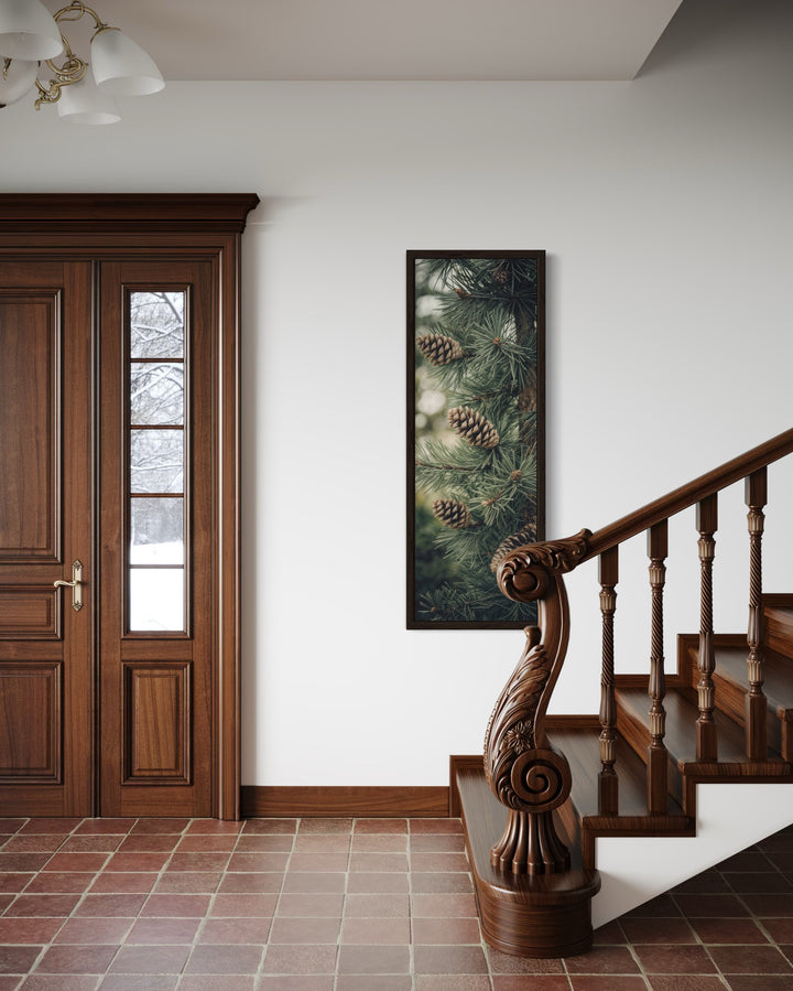 Tall Narrow Sage Green Pine Tree With Pine Cones Vertical Framed Canvas Wall Art