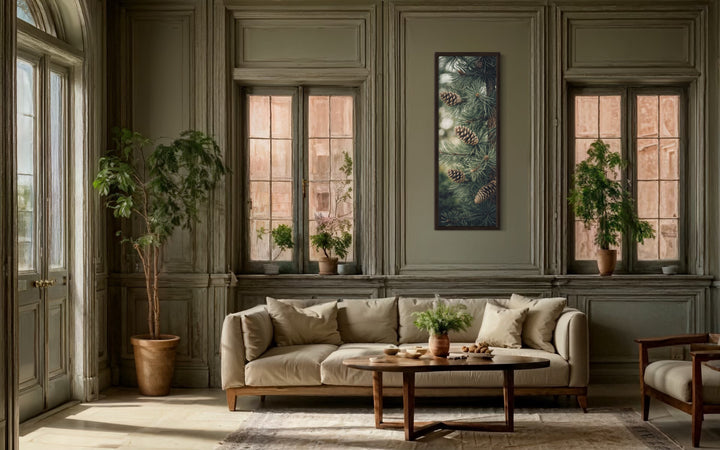 Tall Narrow Sage Green Pine Tree With Pine Cones Vertical Framed Canvas Wall Art