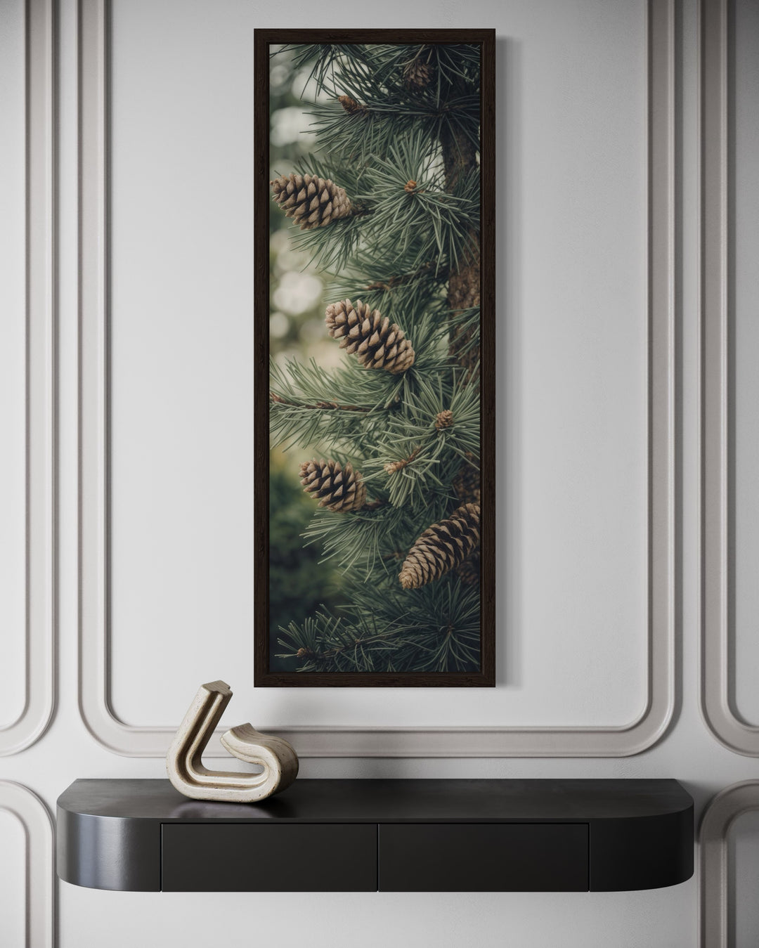 Tall Narrow Sage Green Pine Tree With Pine Cones Vertical Framed Canvas Wall Art