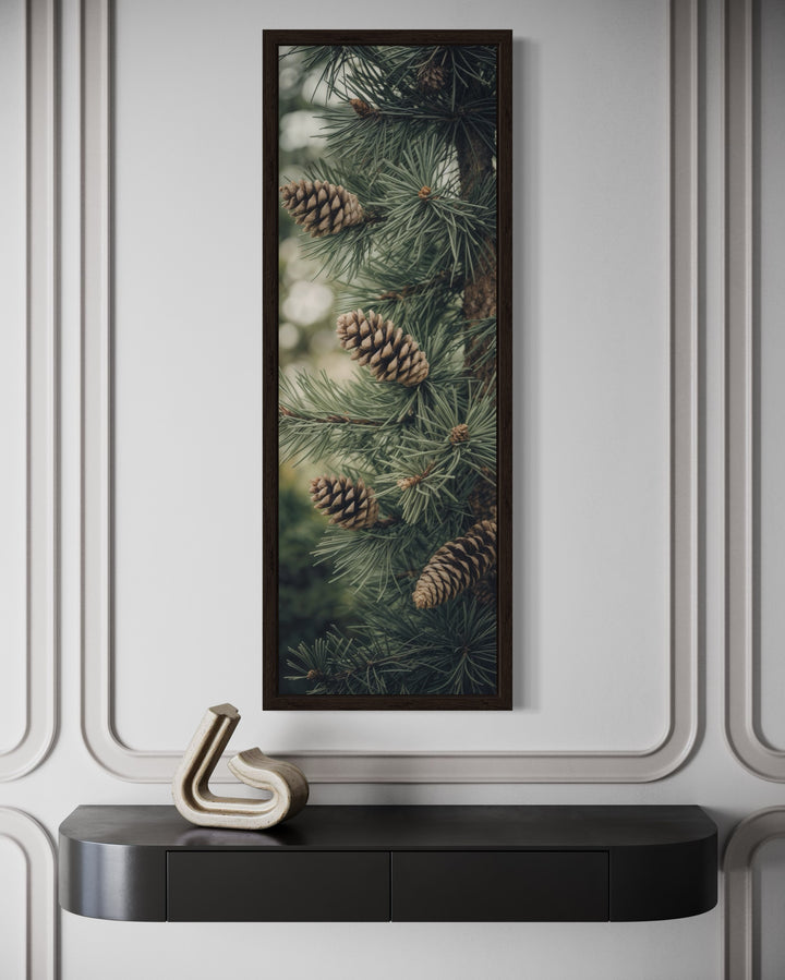 Tall Narrow Sage Green Pine Tree With Pine Cones Vertical Framed Canvas Wall Art