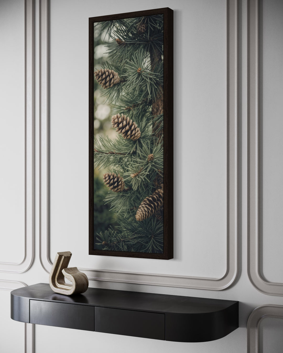 Tall Narrow Sage Green Pine Tree With Pine Cones Vertical Framed Canvas Wall Art
