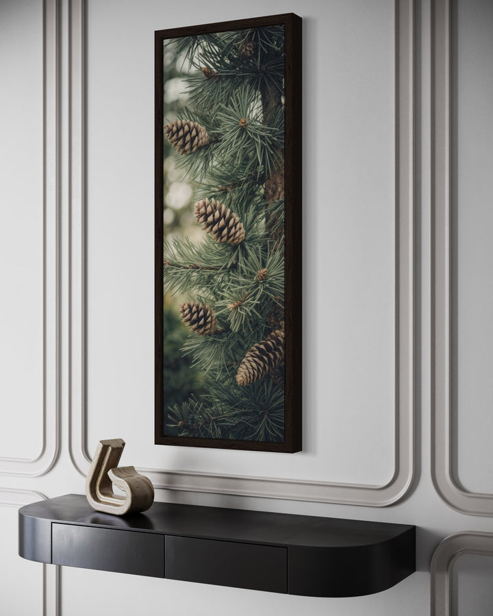 Tall Narrow Sage Green Pine Tree With Pine Cones Vertical Framed Canvas Wall Art