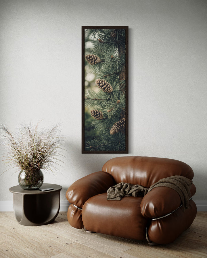 Tall Narrow Sage Green Pine Tree With Pine Cones Vertical Framed Canvas Wall Art