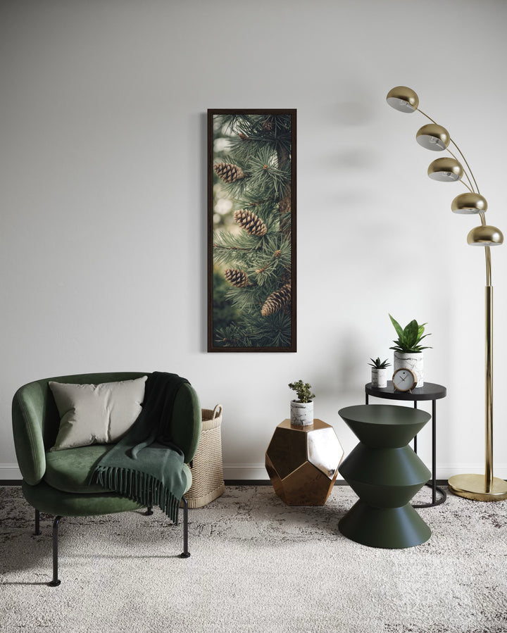 Tall Narrow Sage Green Pine Tree With Pine Cones Vertical Framed Canvas Wall Art