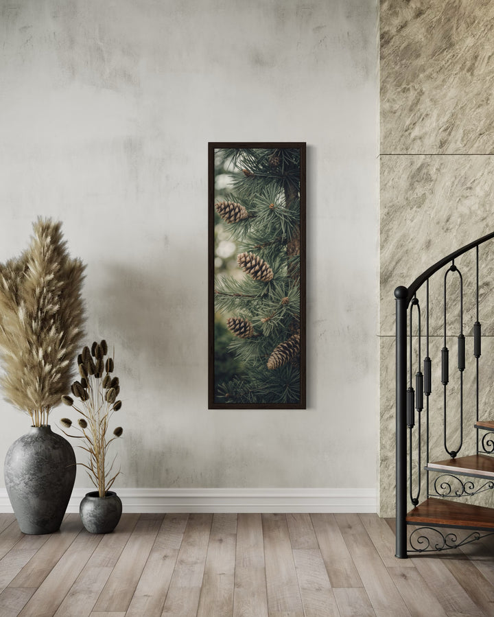 Tall Narrow Sage Green Pine Tree With Pine Cones Vertical Framed Canvas Wall Art