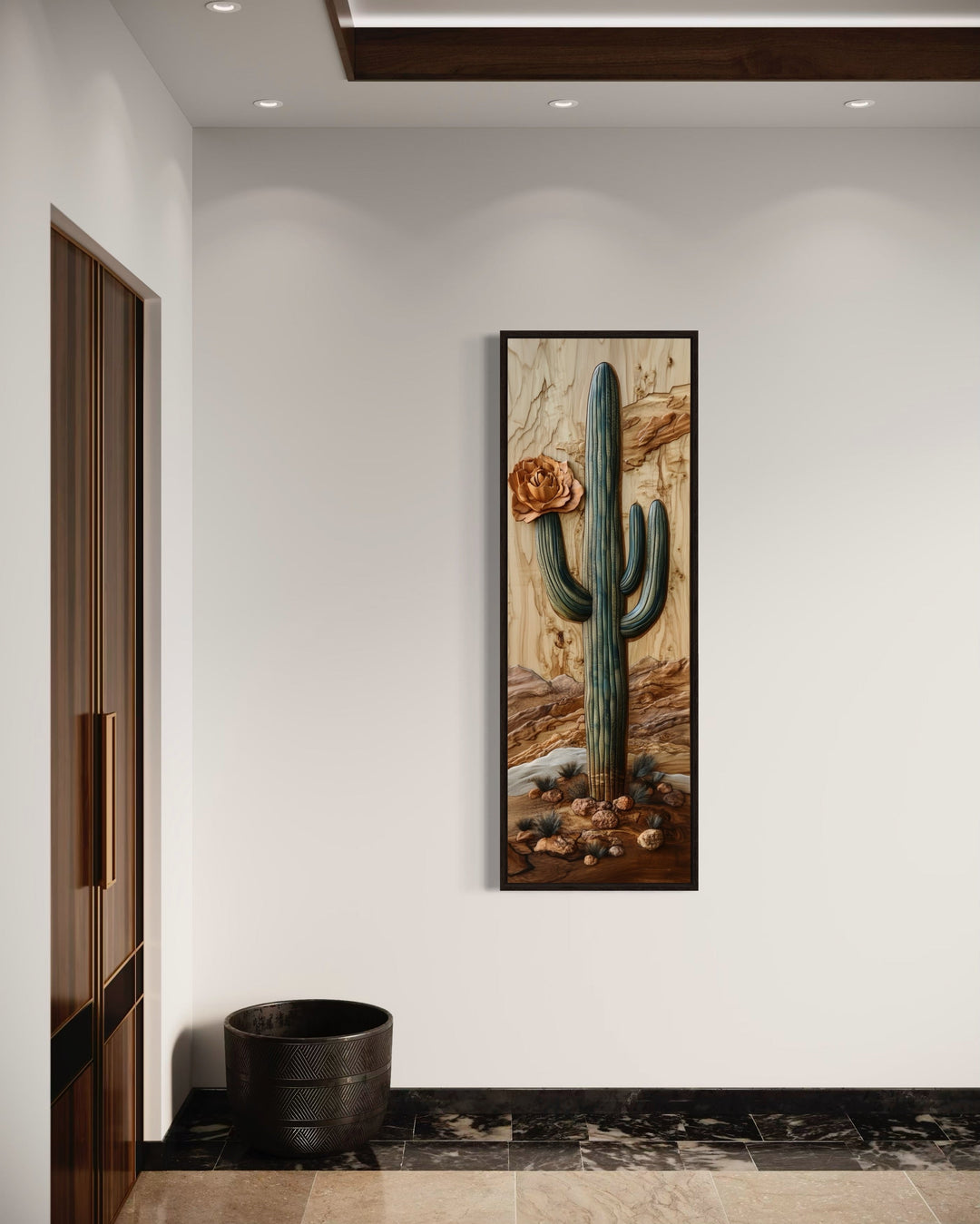 Tall Narrow Saguaro Cactus Southwestern Vertical Framed Canvas Wall Art