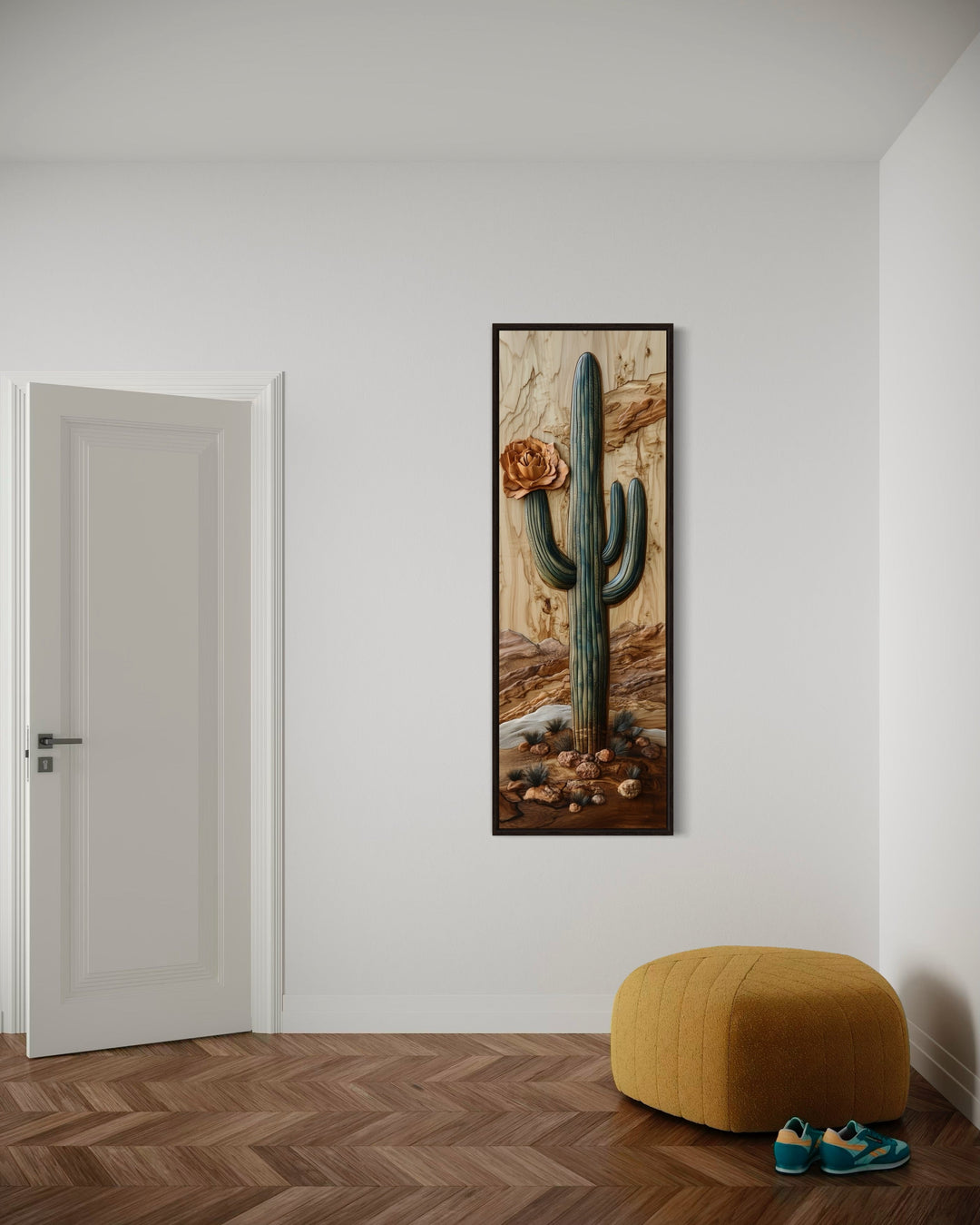 Tall Narrow Saguaro Cactus Southwestern Vertical Framed Canvas Wall Art