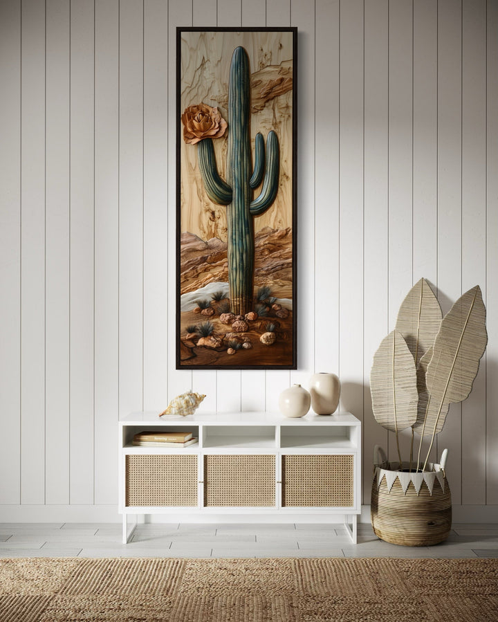 Tall Narrow Saguaro Cactus Southwestern Vertical Framed Canvas Wall Art