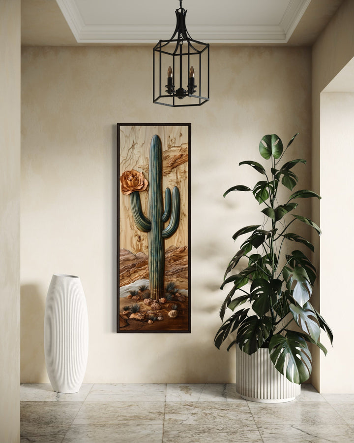 Tall Narrow Saguaro Cactus Southwestern Vertical Framed Canvas Wall Art