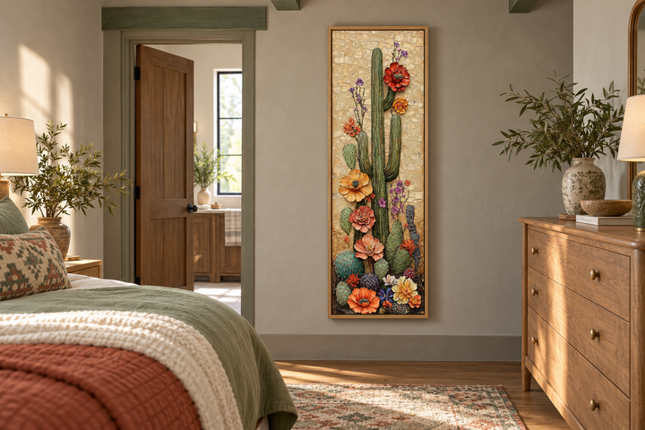 Tall narrow vertical canvas wall art of a blooming saguaro cactus in a bedroom setting.
