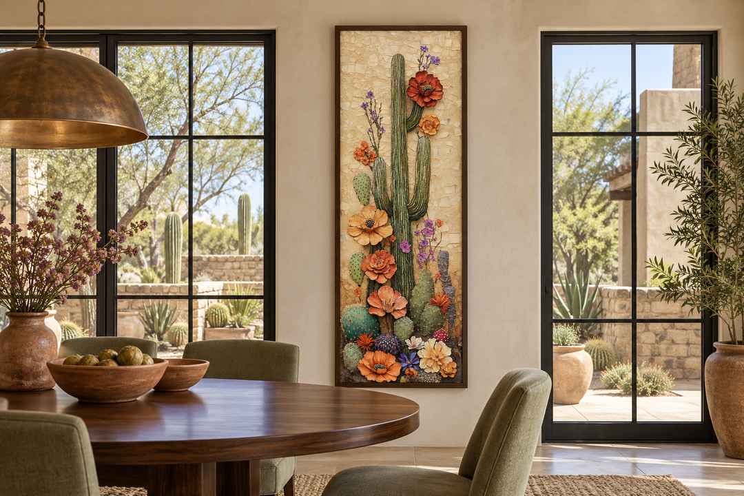 Tall narrow vertical canvas wall art of a blooming saguaro cactus in a modern dining room.