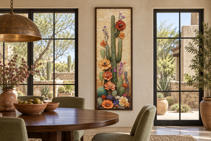Tall narrow vertical canvas wall art of a blooming saguaro cactus in a modern dining room.