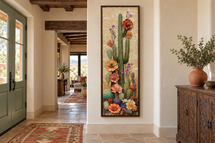 Tall narrow vertical canvas wall art featuring a blooming saguaro cactus in a desert entryway.