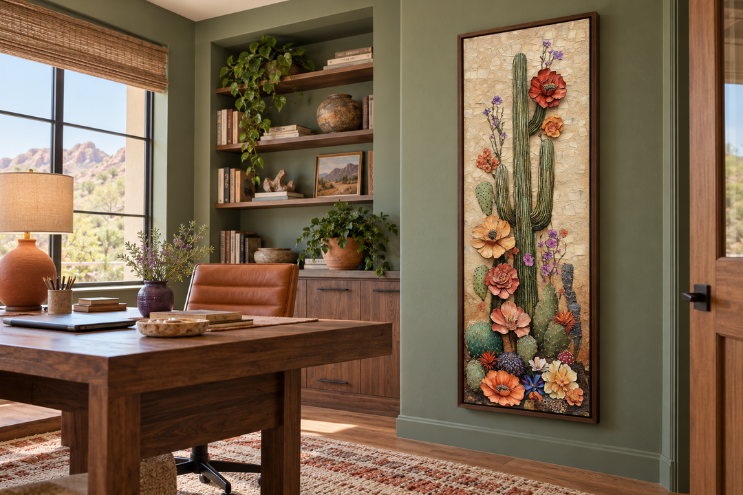 Tall narrow vertical canvas wall art of a blooming saguaro cactus in a walnut frame.
