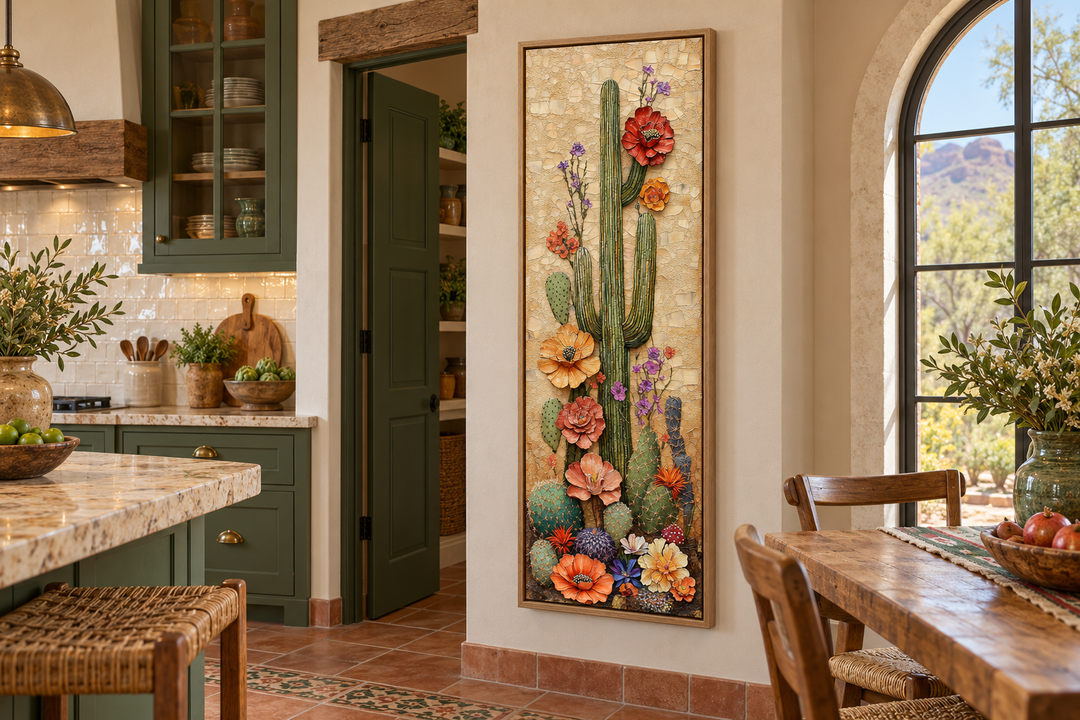 Tall narrow vertical canvas wall art of a blooming saguaro cactus in a rustic kitchen setting.