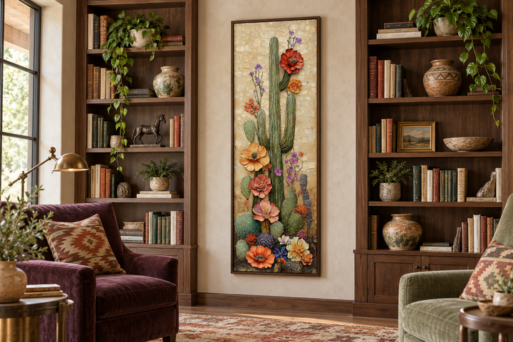 Tall narrow vertical canvas wall art of a blooming saguaro cactus in a walnut-framed library.