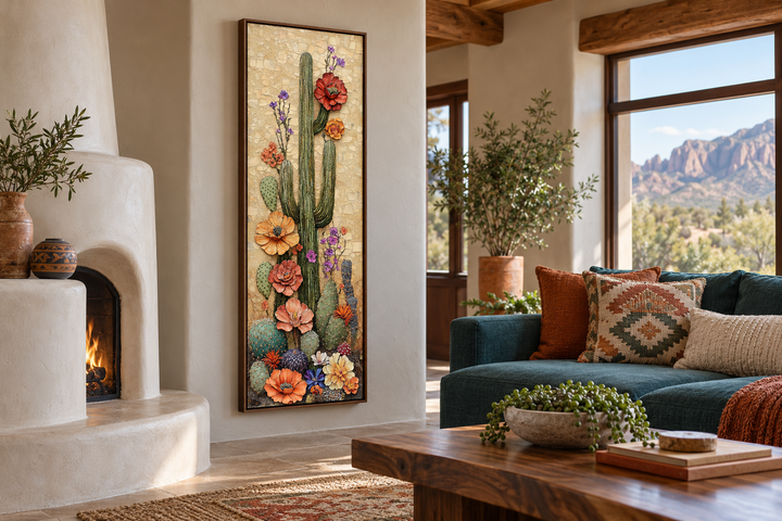 Tall narrow vertical canvas wall art of a blooming saguaro cactus in a desert-style living room.