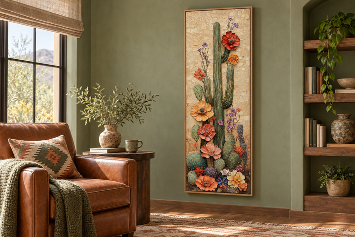 Tall narrow vertical canvas wall art of a blooming saguaro cactus in a desert-themed living room.