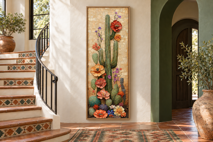 Tall narrow canvas wall art of a blooming saguaro cactus with colorful 3D-style flowers.
