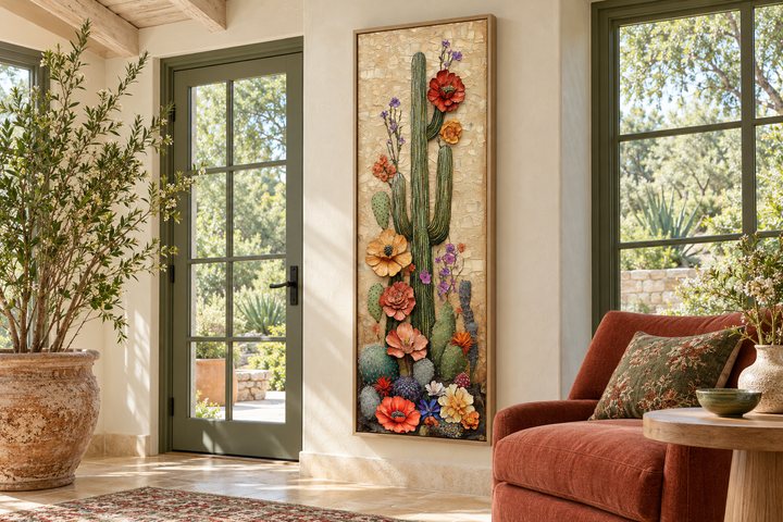 Tall narrow vertical canvas wall art of a blooming saguaro cactus in a sunlit room.